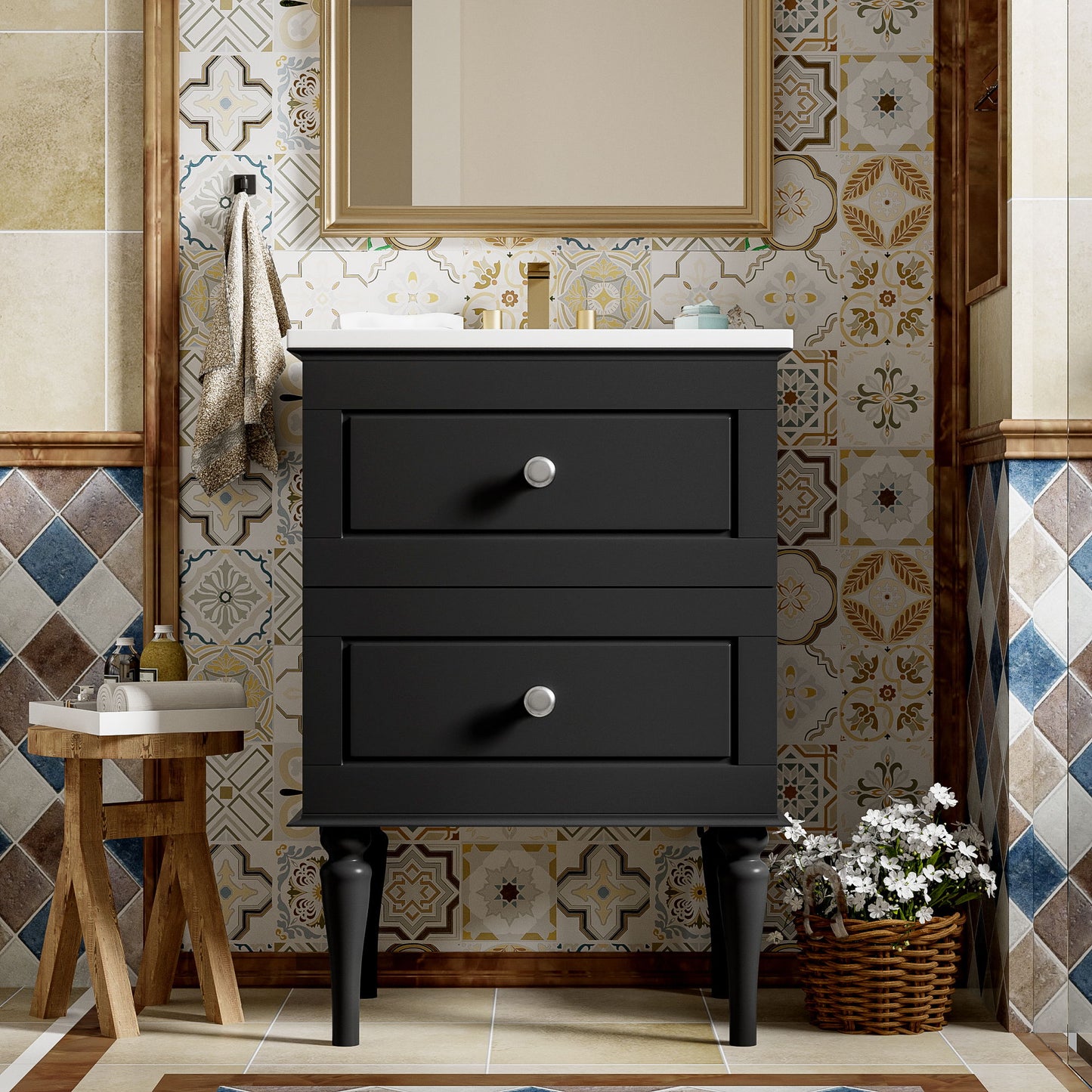 Bathroom Vanity Cabinet With Ceramic Sink Combo Set, Frame Modern Bathroom Storage Cabinet With 2 Drawers - Black