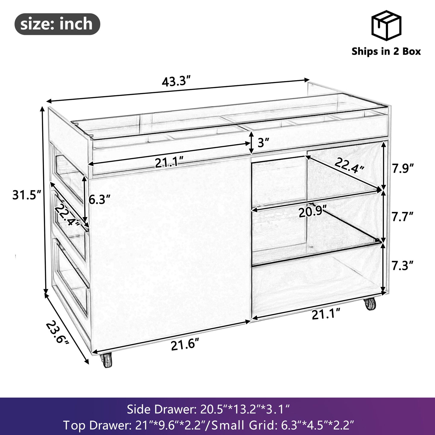 Multi-Functional Storage Island Movable Storage Cabinet Island Vanity Dresser With 3 Side Storage Drawer, A Reversible Top Storage Space And 2 Glass Display Shelves - White