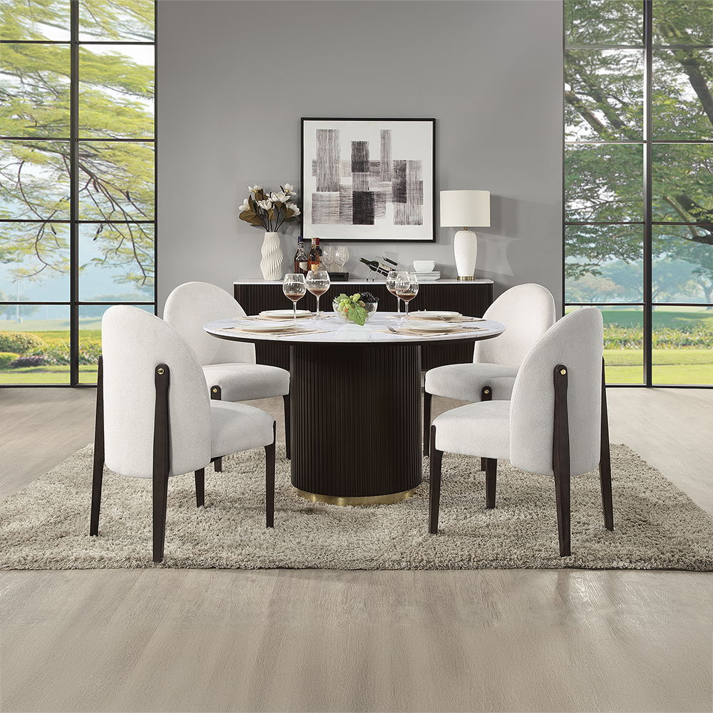 Clayten - Round Dining Table With Marble - White Natural Marble Top & Espresso