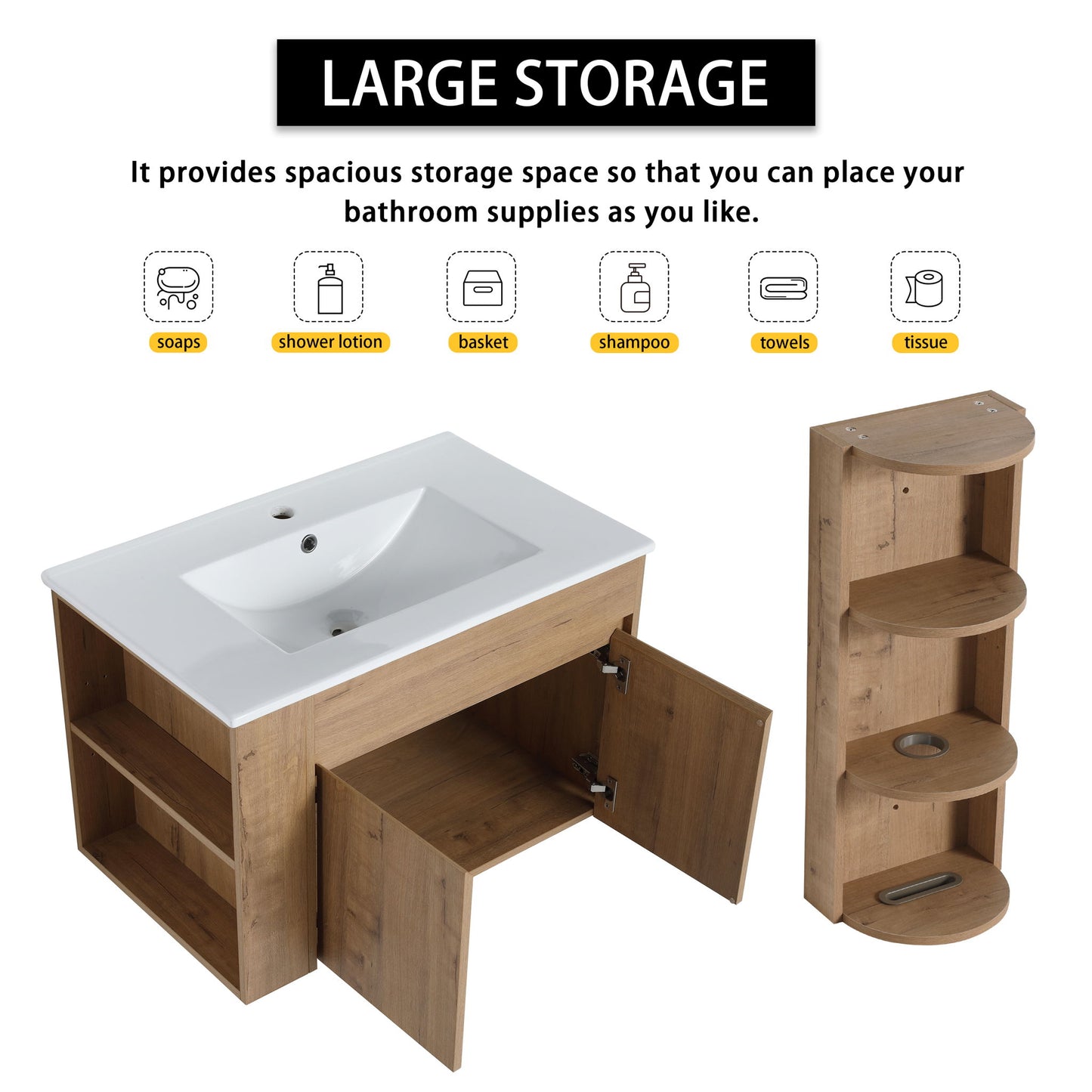 Modern Wall Mounted Bathroom Vanity With Sink And Storage Rack Soft Close Doors Plywood - Imitative Oak