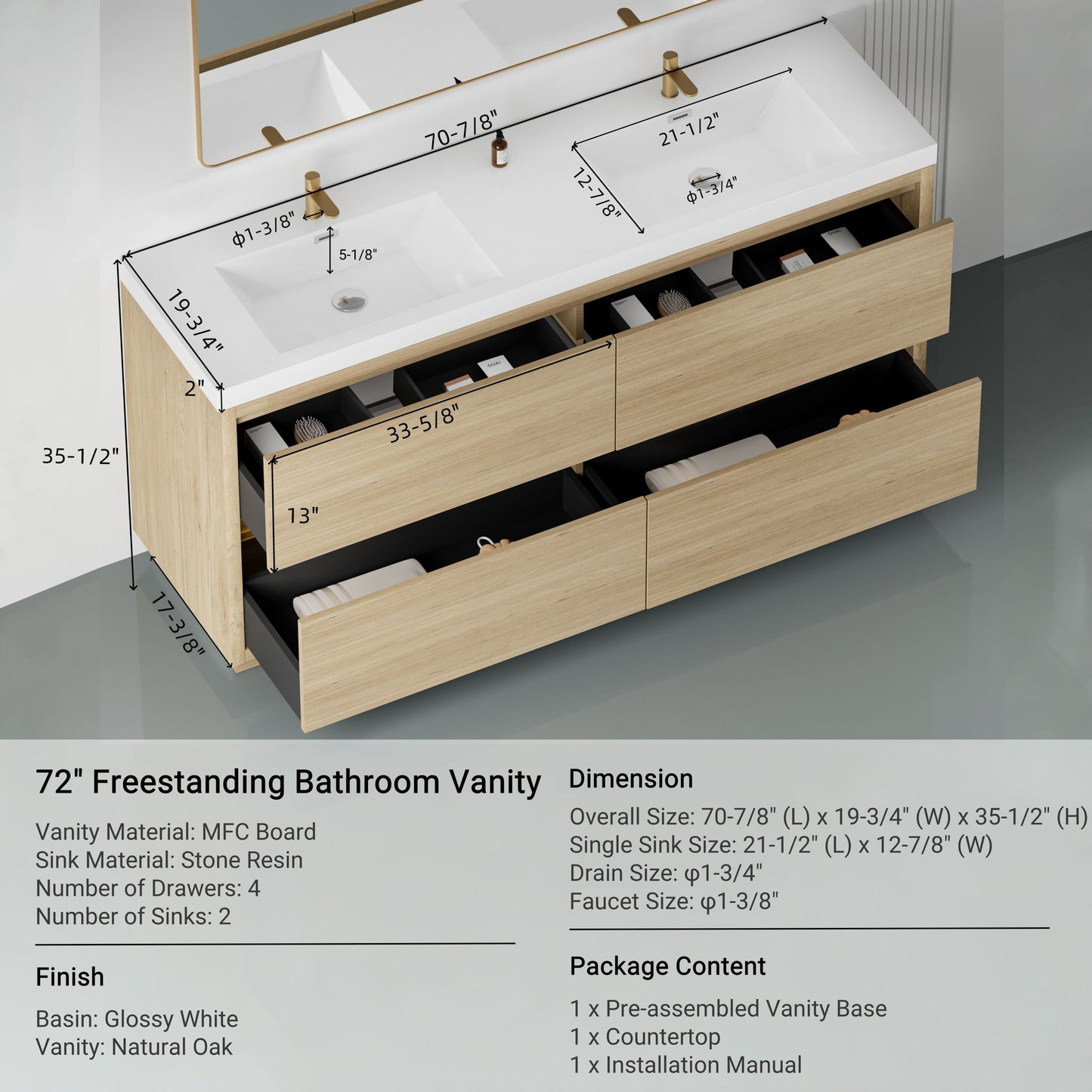 Bathin Freestanding Bathroom Vanity With Double Sinks, Bathroom Storage Vanity Cabinet With Stone Resin Countertop And Soft Close Drawers