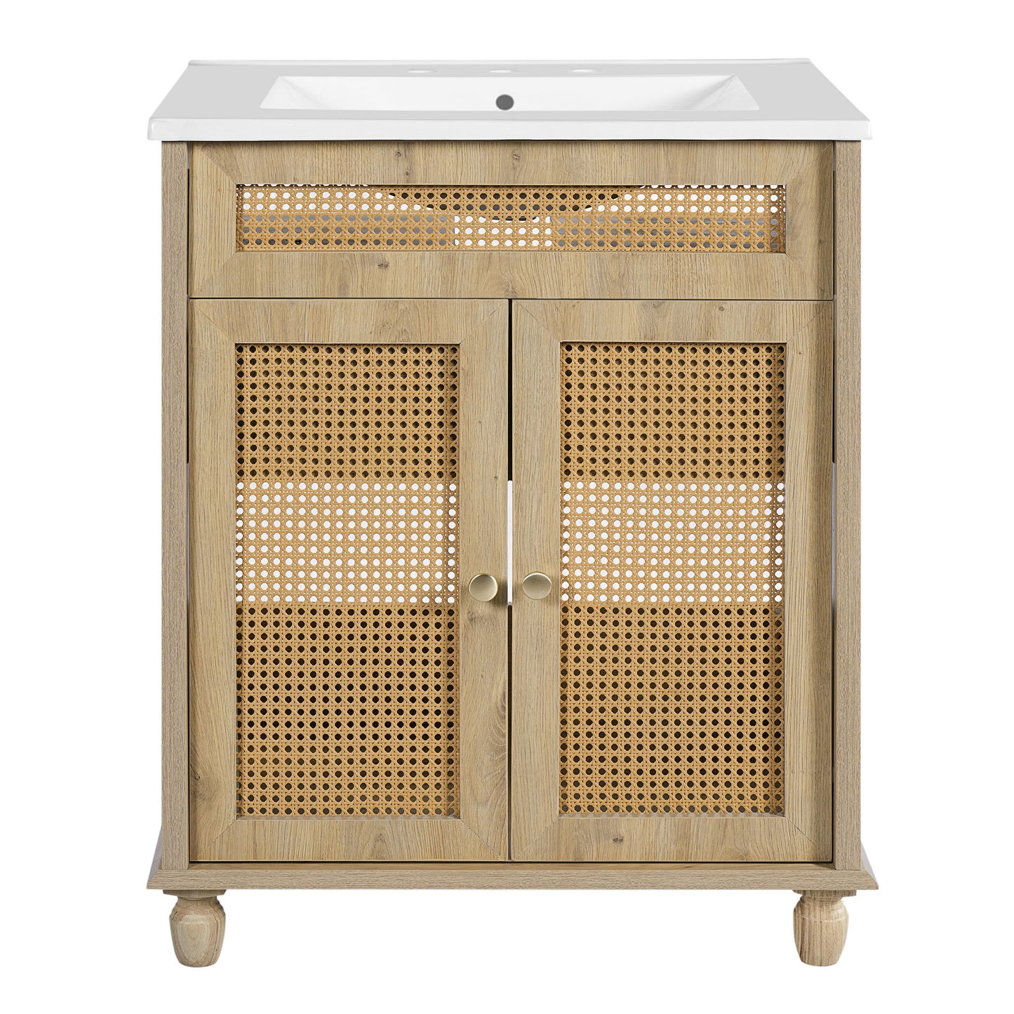 Bathroom Vanity With Handwoven Rattan Doors, Resin Basin - Natural Wood
