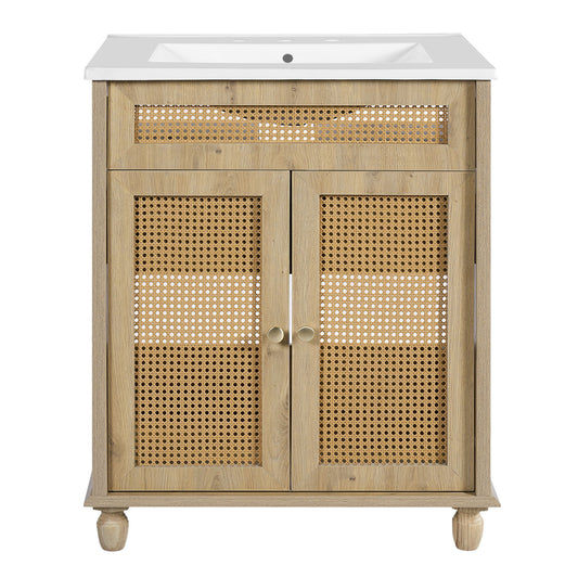 Bathroom Vanity With Handwoven Rattan Doors, Resin Basin - Natural Wood