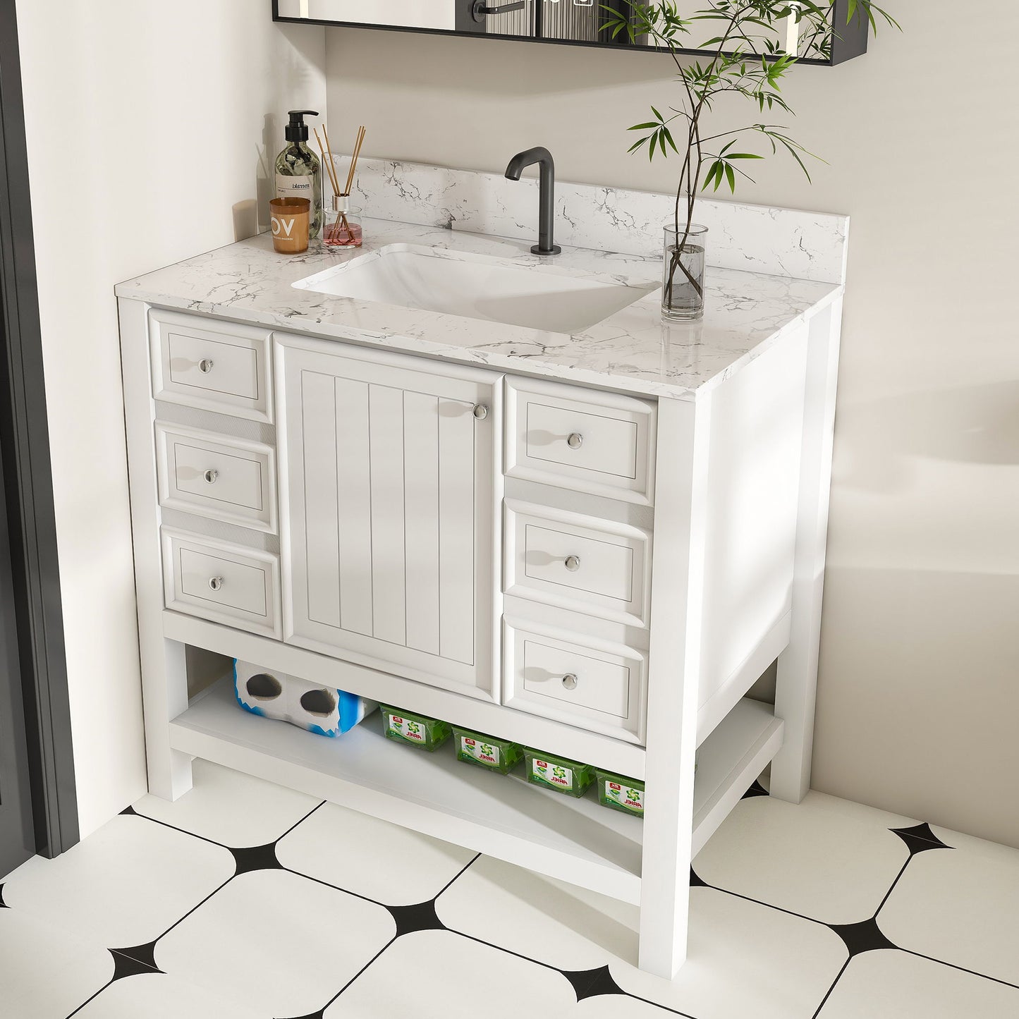 37" Bathroom Vanity, Multi Functional Cabinet With Doors And Drawers, Frame, Single Faucet Hole - White