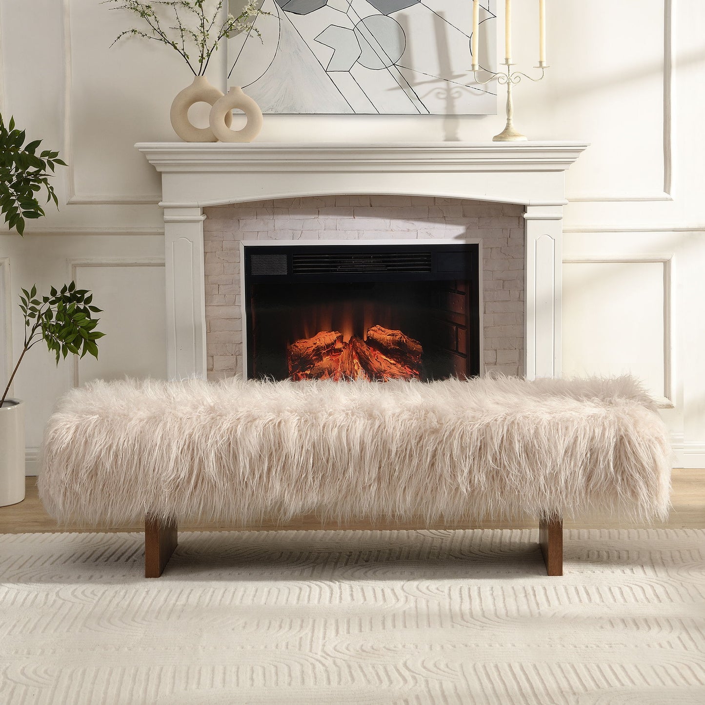 Long Haired Faux Wool Bench - Brown / Beige