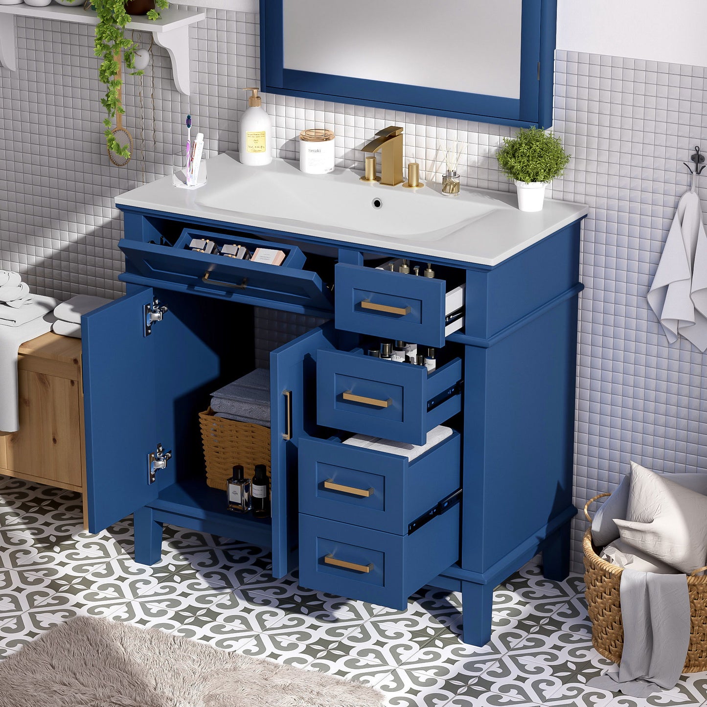 Modern Bathroom Vanity With Ceramic Sink, Soft Close Storage Cabinet