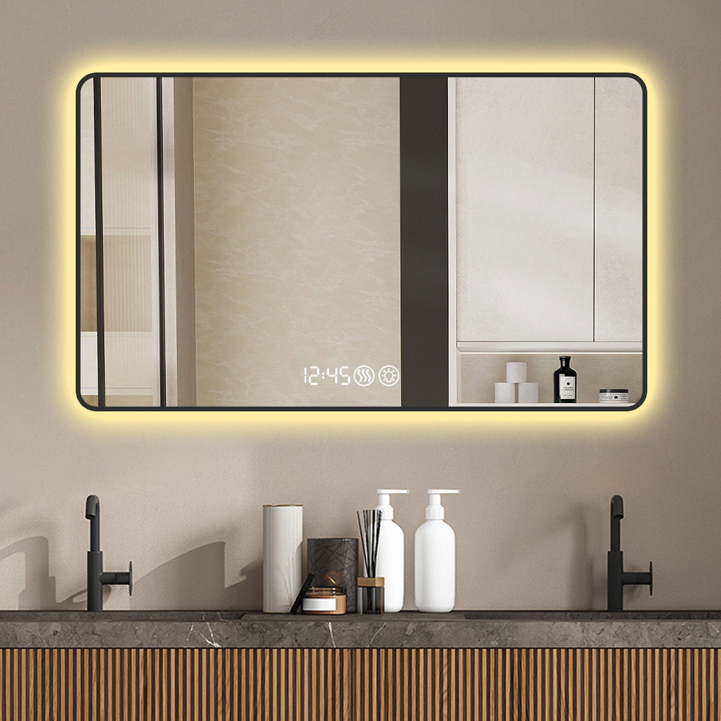 Modern Aluminum Frame Wall Mirror With Rounded Corners, Temperature Display, Tri Color Light, Defogging - Black