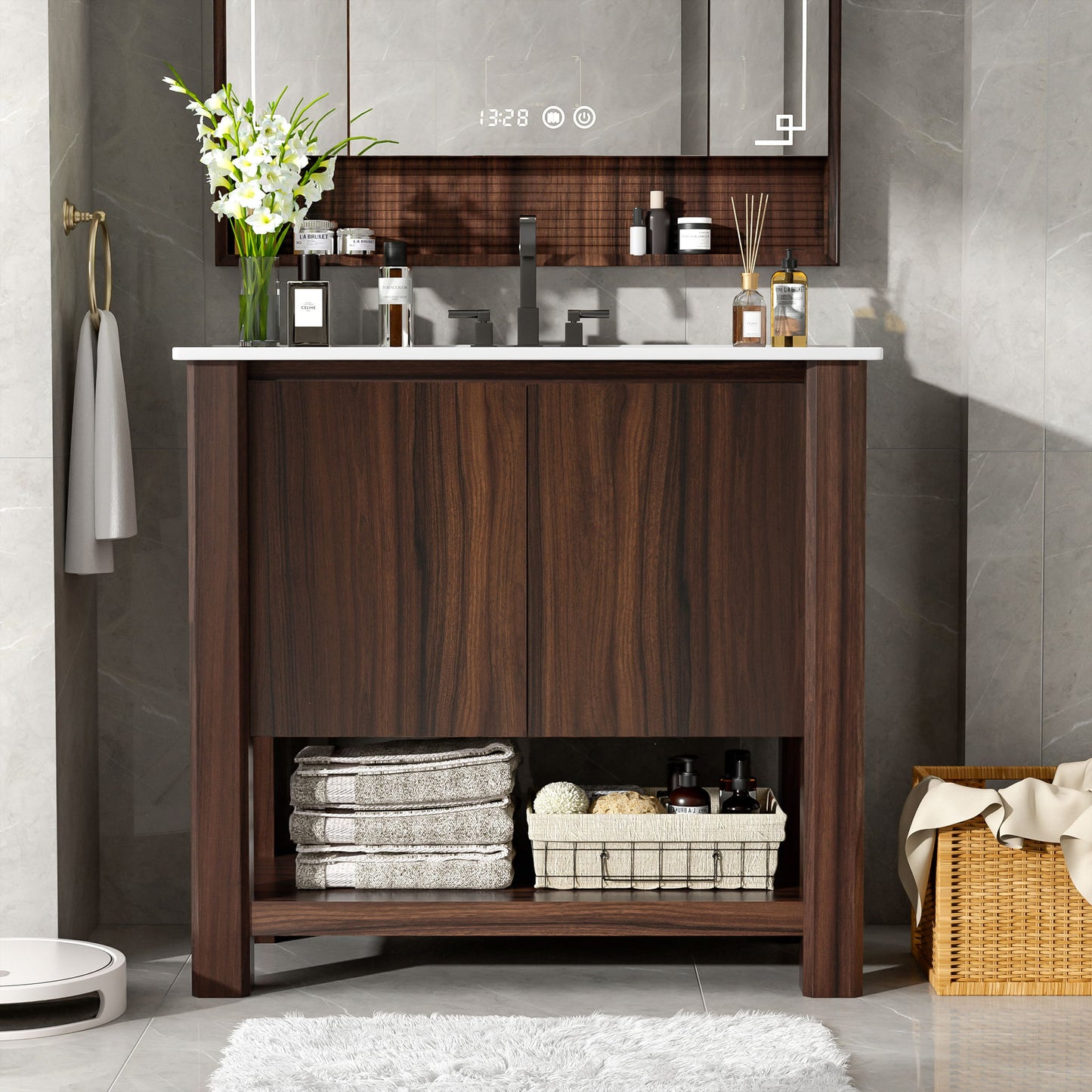 36" Modern Bathroom Vanity With Rectangle Ceramic Sink, Bathroom Cabinet And 45 Degrees Free Handle Design Soft Closing Doors, 1 Open Shelf At The Bottom - Dark Brown