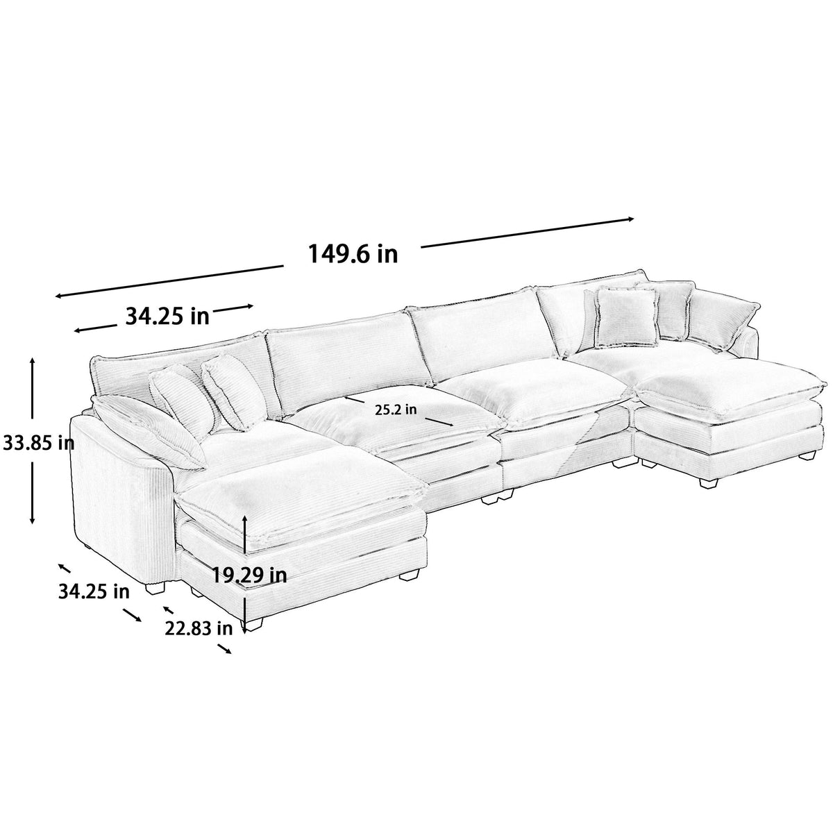 Modern Corduroy Upholstered 4 Seater Sofa With 3 Footstools - Tan