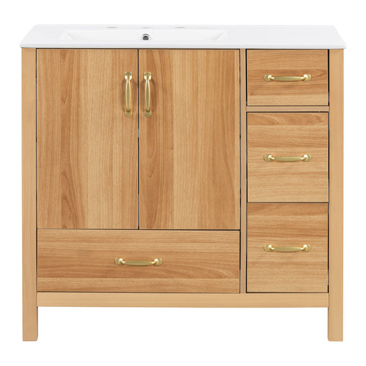 36" Bathroom Vanity, 2 Soft Close Doors, 4 Soft Close Drawers, Adjustable Shelf, Storage Cabinet - Acacia Wood