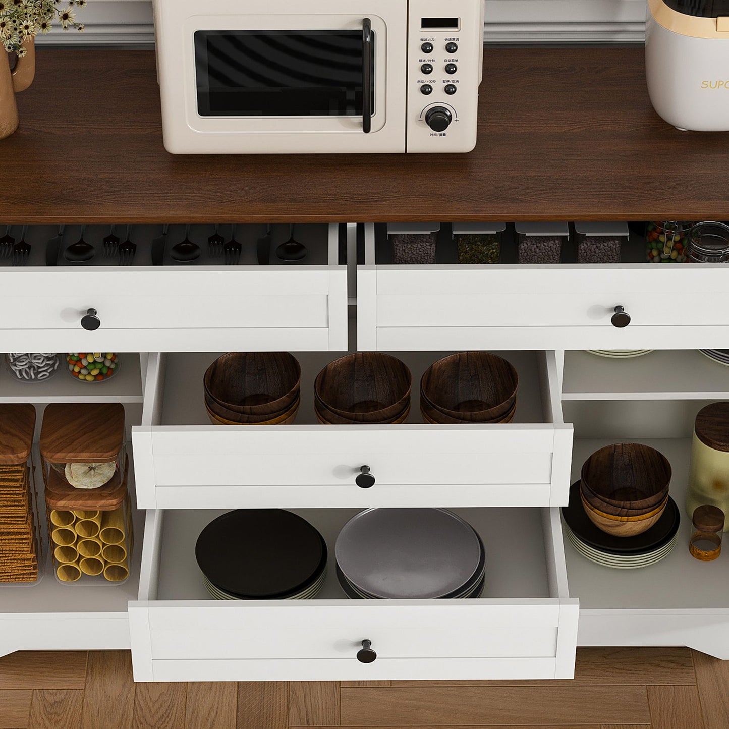 Rustic Farmhouse Kitchen Island With Storage Cabinet, Wood Top Breakfast Bar - White