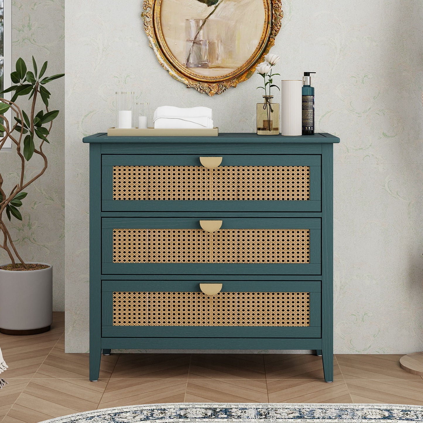 3 Drawer Cabinet, Natural Rattan, American Furniture