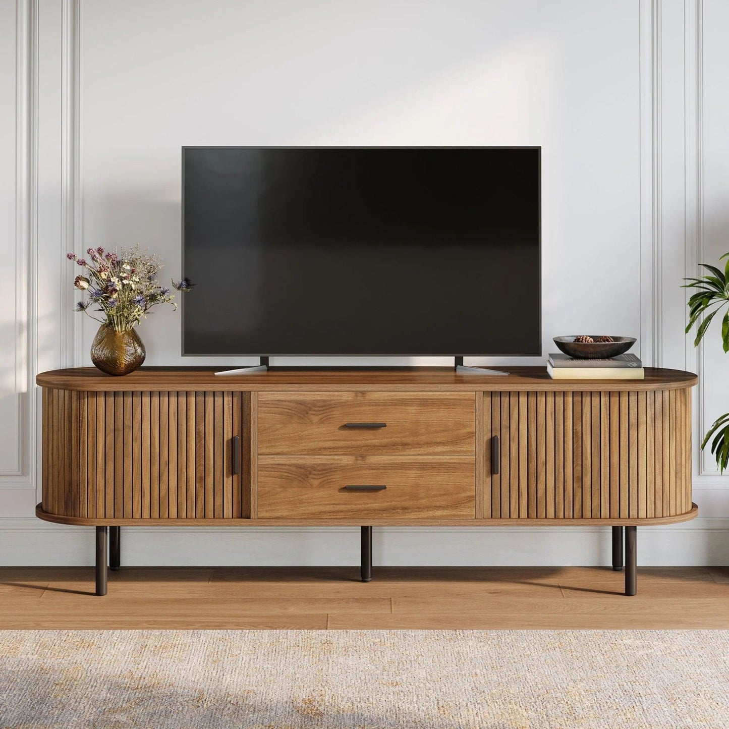 Fluted TV Stand With Tambour Sliding Doors - Walnut