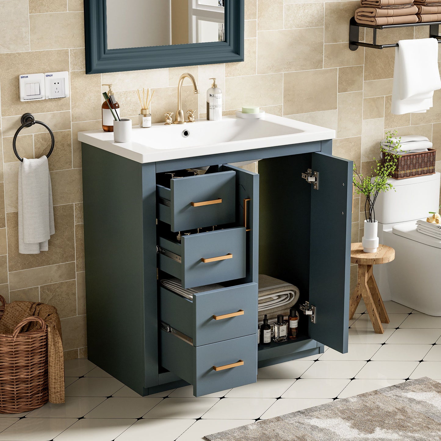 Ceramic Sink Combo, Freestanding Vanity Set With 3 Drawers & Soft Closing Doors