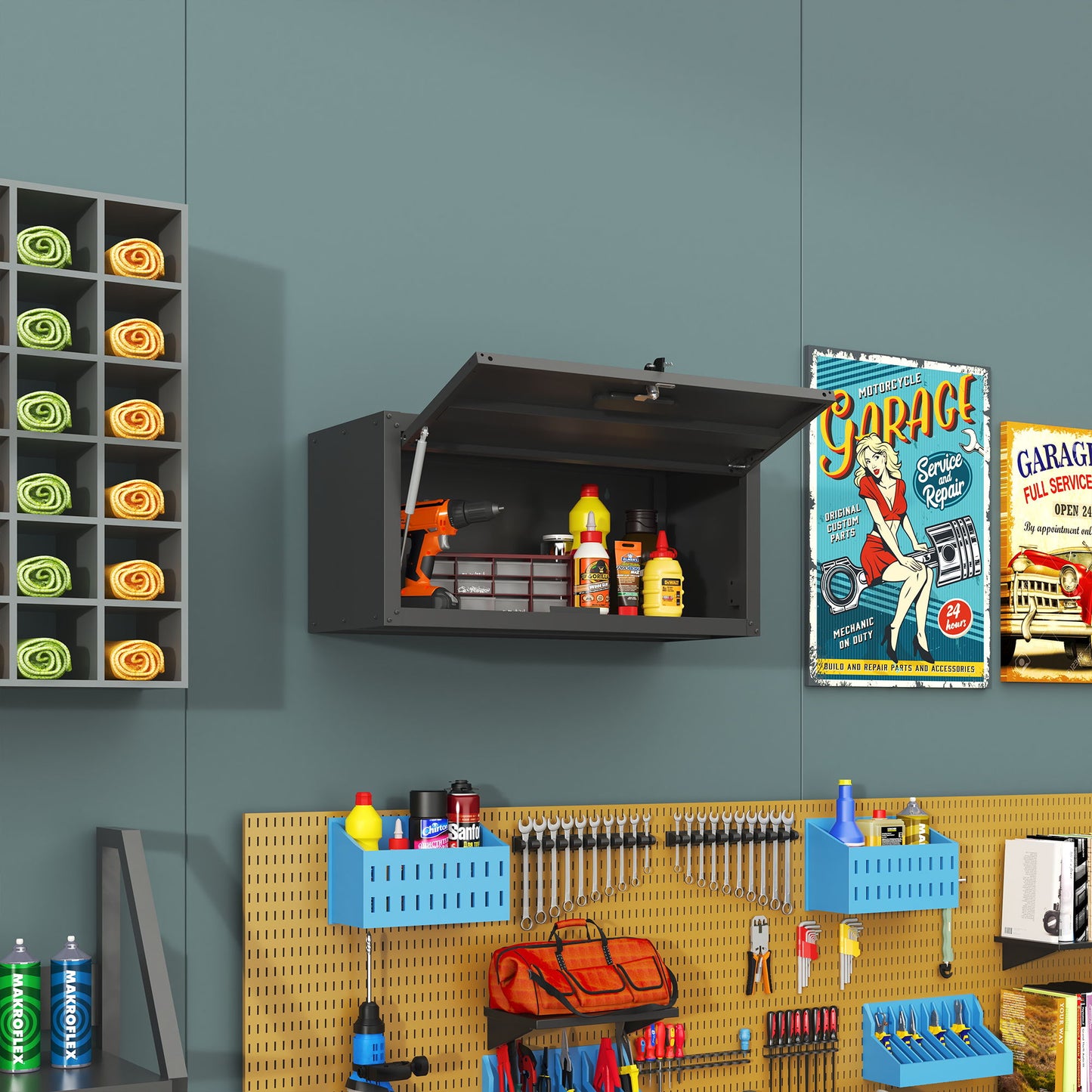 Heavy Duty, Metal Wall Mounted Tool Storage Cabinet Steel Metal Garage Storage Cabinet - Black / Gray