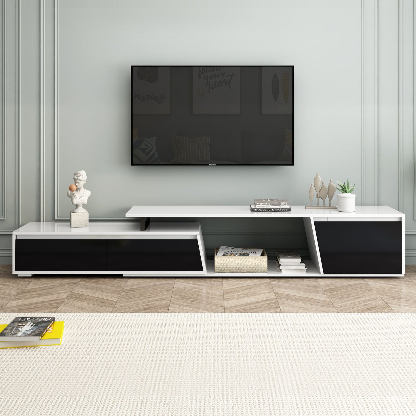 Minimalist Rectangle Extendable TV Cabinet With 2 Drawers And 1 Cabinet