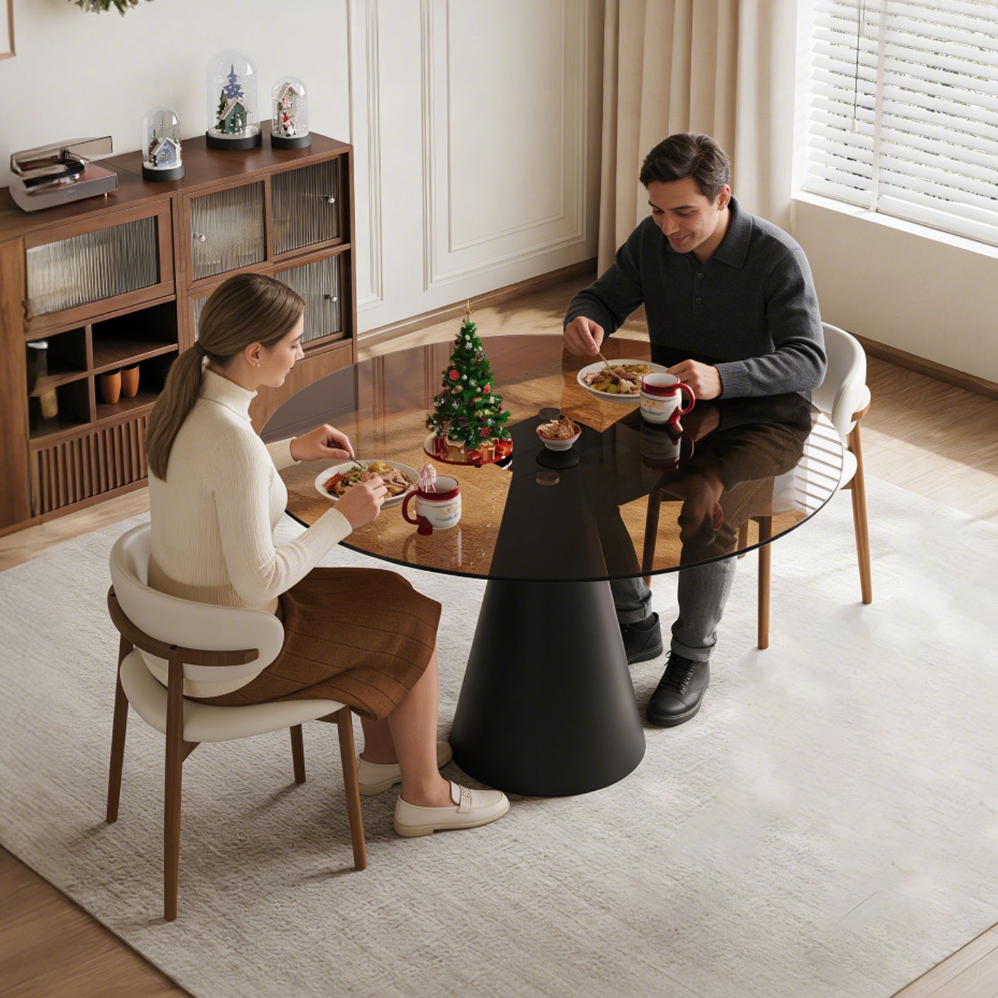 Round Dining Table & Glass Top - Black / Brown