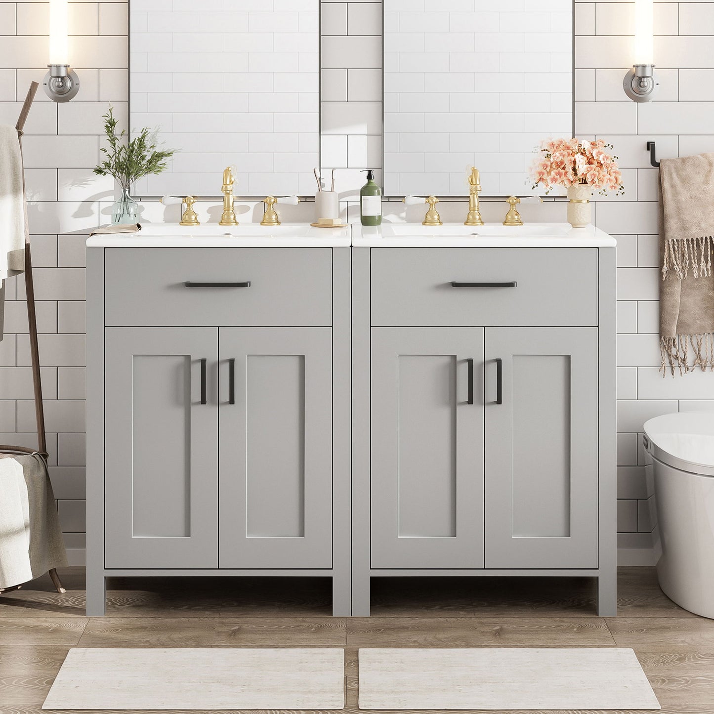 Bathroom Vanity With Ceramic Sink, Soft Close Doors, Flip Drawer, Double Layer Door Shelves