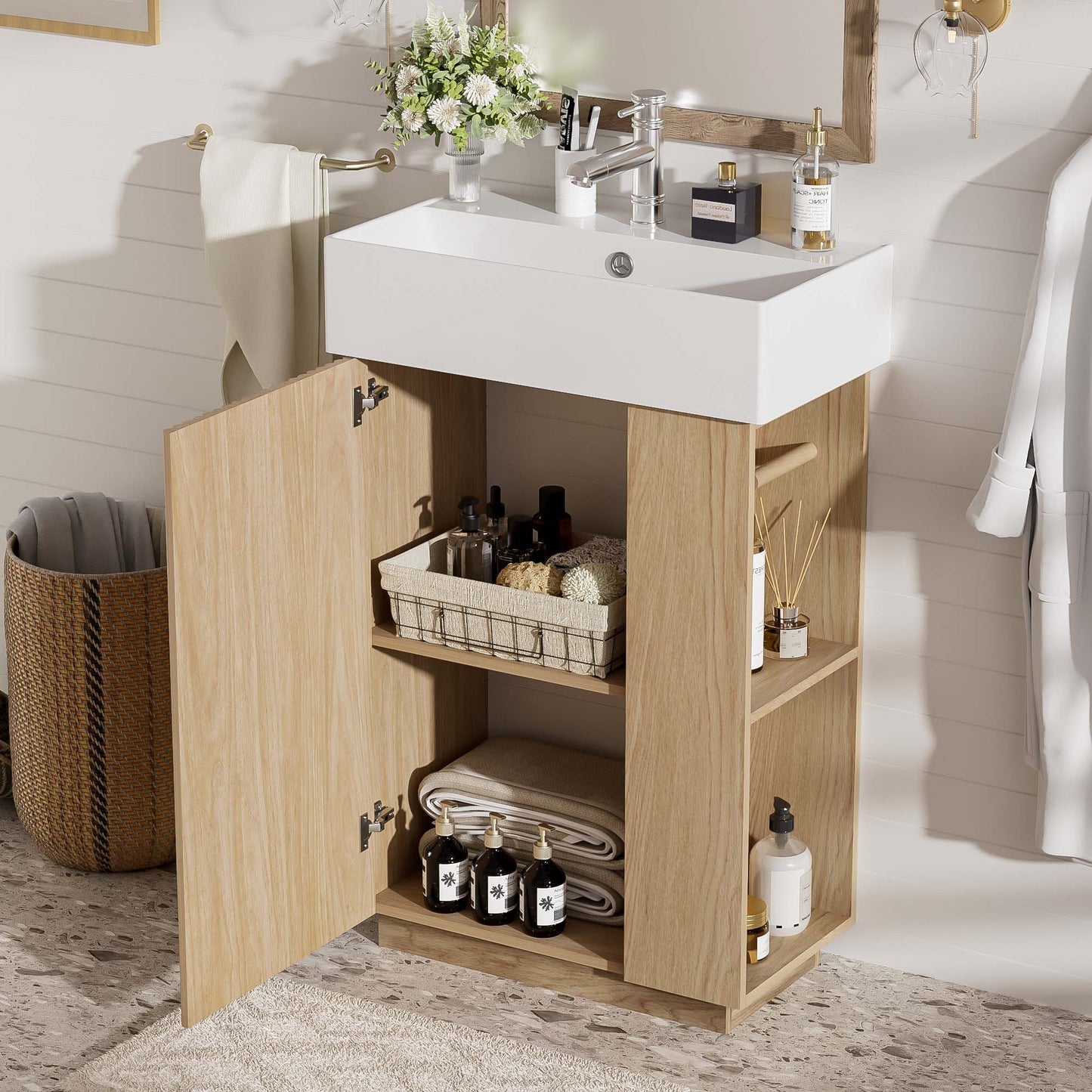 Bathroom Vanity With Sink, Freestanding Wood Grain Cabinet With Storage