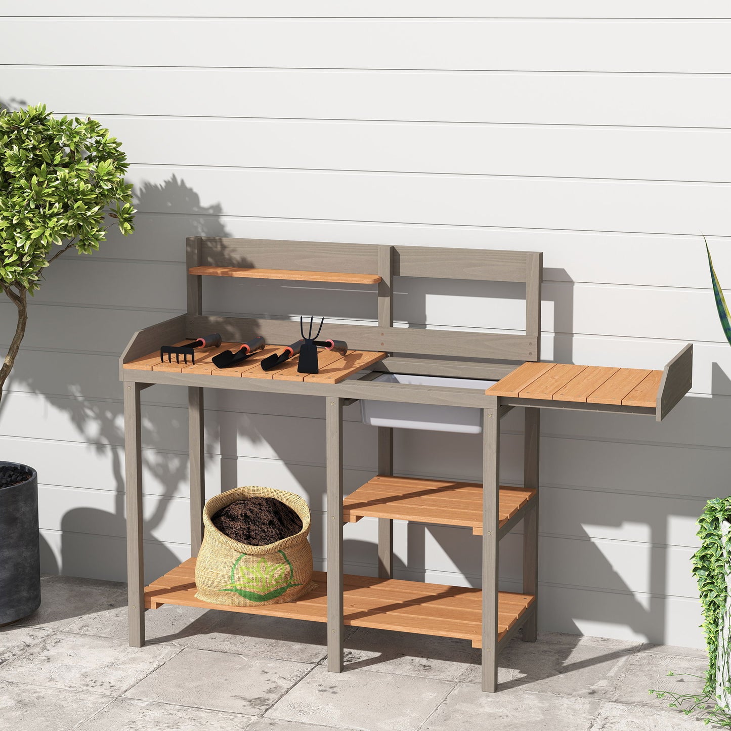 Outdoor Potting - Bench, Workstation Table With Cabinet For Backyard Garden Supplies - Gray / Brown