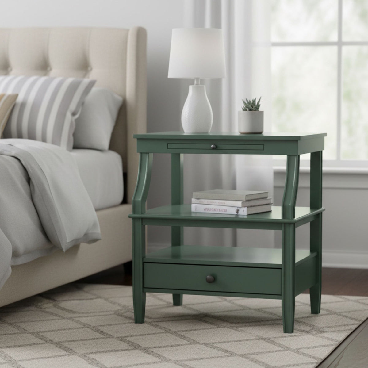 Newland - Storage Nightstand With Drawer And Pull Out Tray - Antique Green