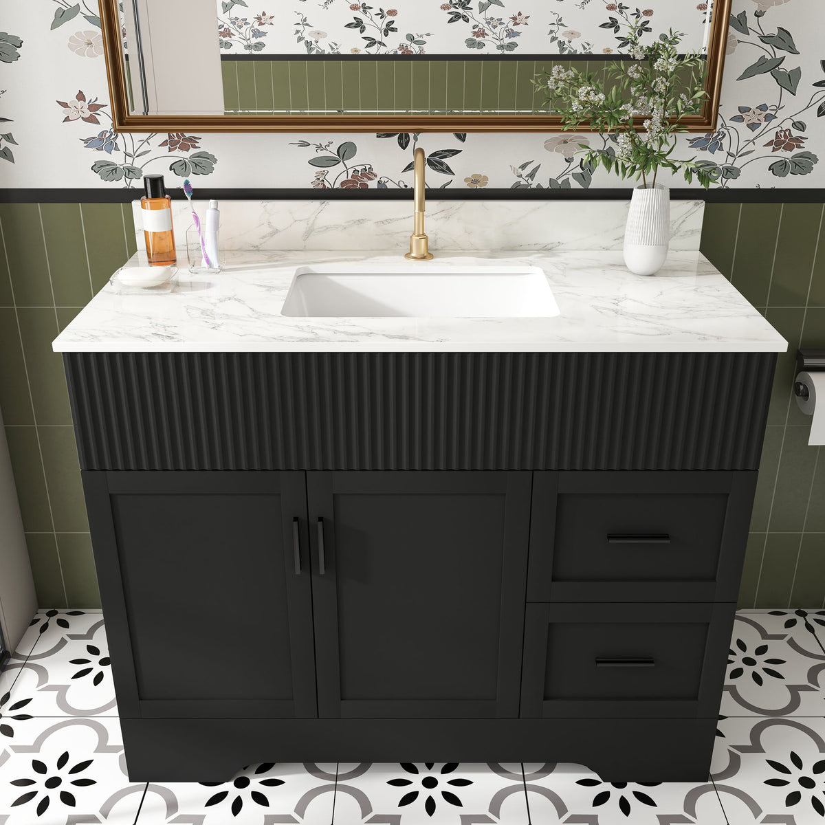 Bathroom Vanity, Fluted Cabinet, Soft Close Doors & Drawers, Single Faucet Hole, Sink Included - Black