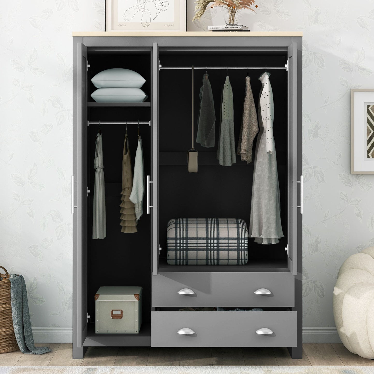 3 Door Storage Wardrobe With Cabinets And 2 Hanging Rods - Gray