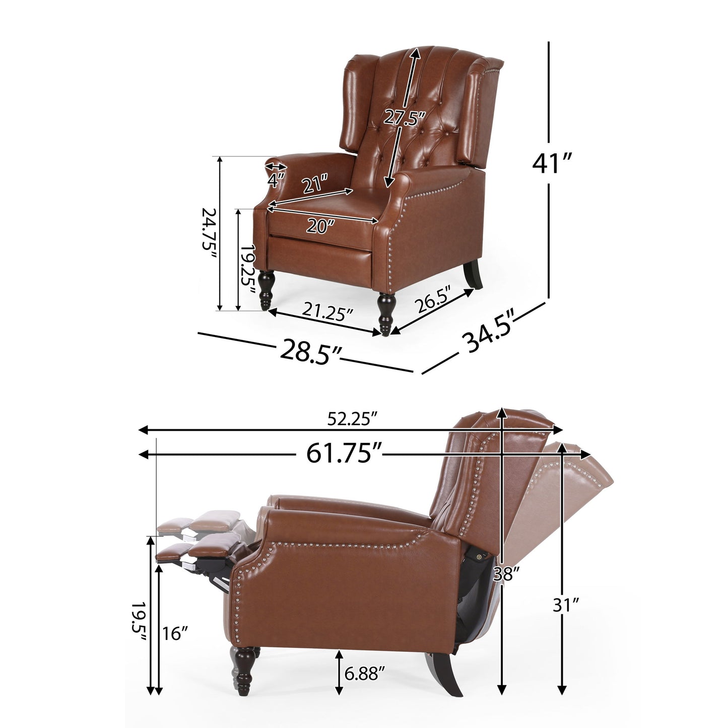 Upholstered Wingback Recliner With Nailhead Trim And Rolled Recessed Arms - Light Brown