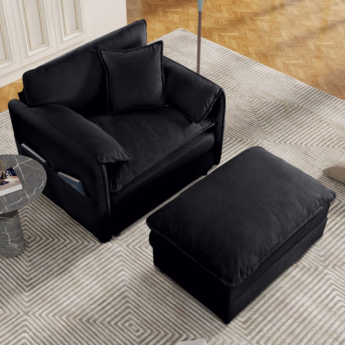 Oversized Recliner Chair With Movable Ottoman, Soft Chenille Upholstered Indoor Lounge Chair - Black