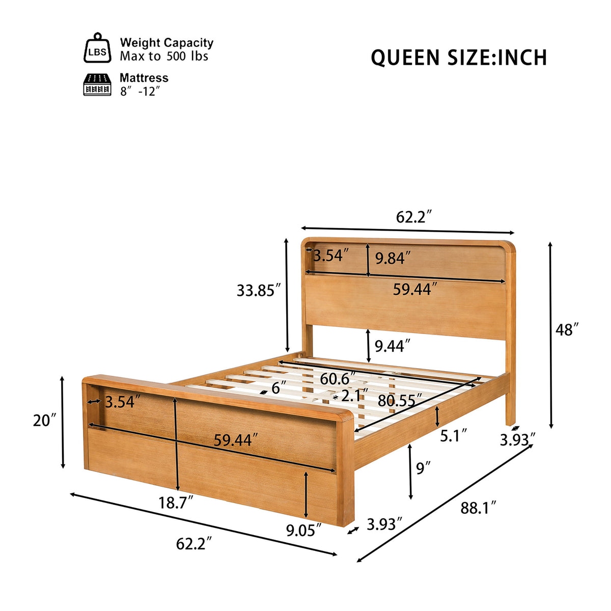 Queen Bed Frame With Dual Open Storage Headboard And Footboard, No Box Spring Needed - Light Brown