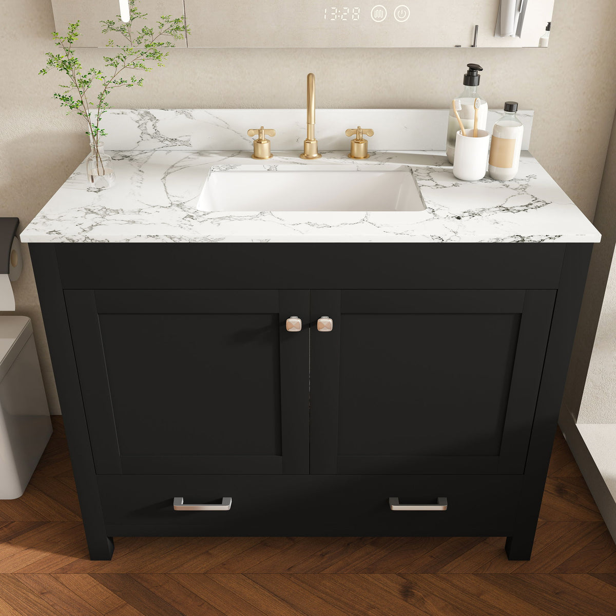 Bathroom Vanity Set, Soft Close Doors, 3 Faucet Holes, Sink Included - Black