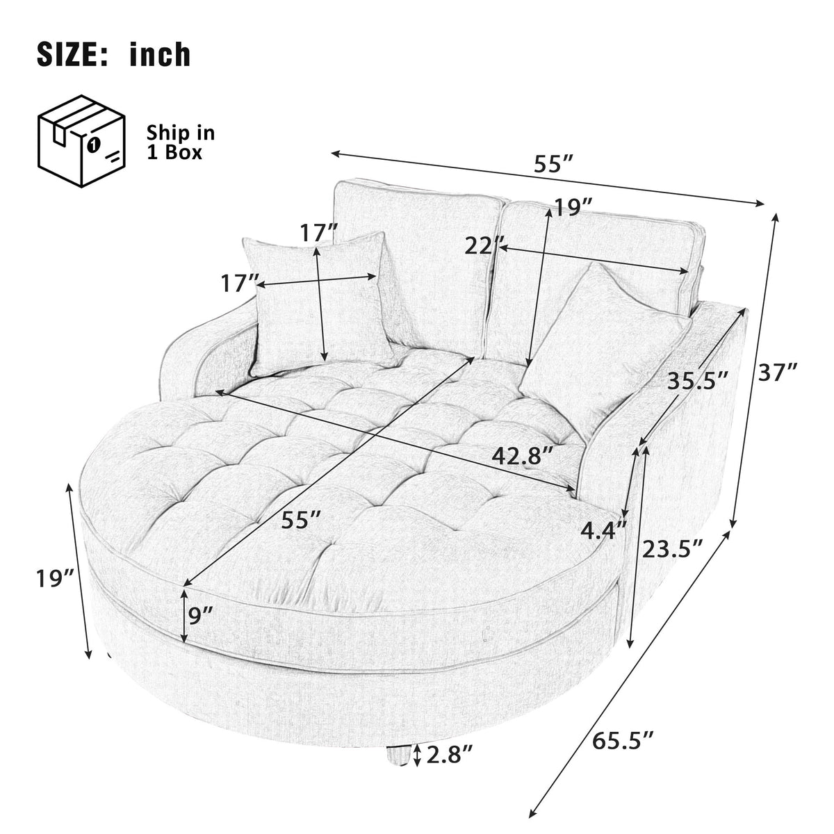 Modern Chaise Lounge Sofa Bed Upholstered Sofa Couch With Tufted Seat And Detachable Pillows For Living Room - Champagne