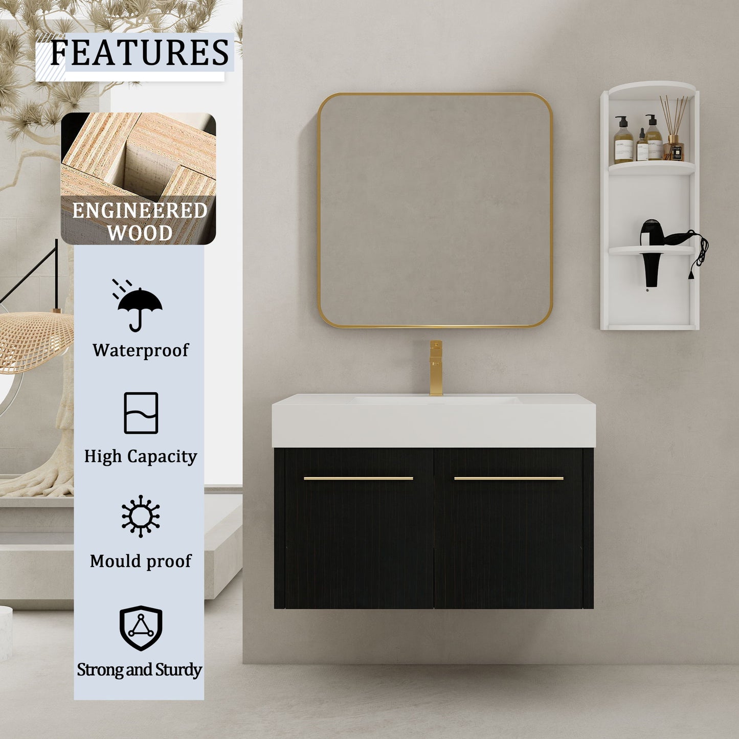 Modern Wall Mounted Bathroom Vanity With Thick Edge Resin Sink And Storage Rack