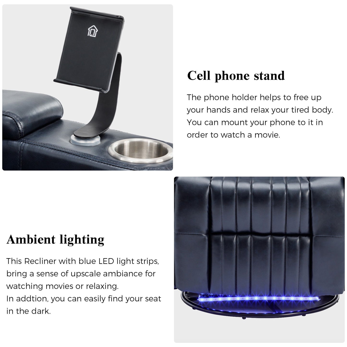 270° Power Swivel Recliner Home Theater Chair With Hidden Arm Storage, LED Light, Cup Holder, And Tray Table