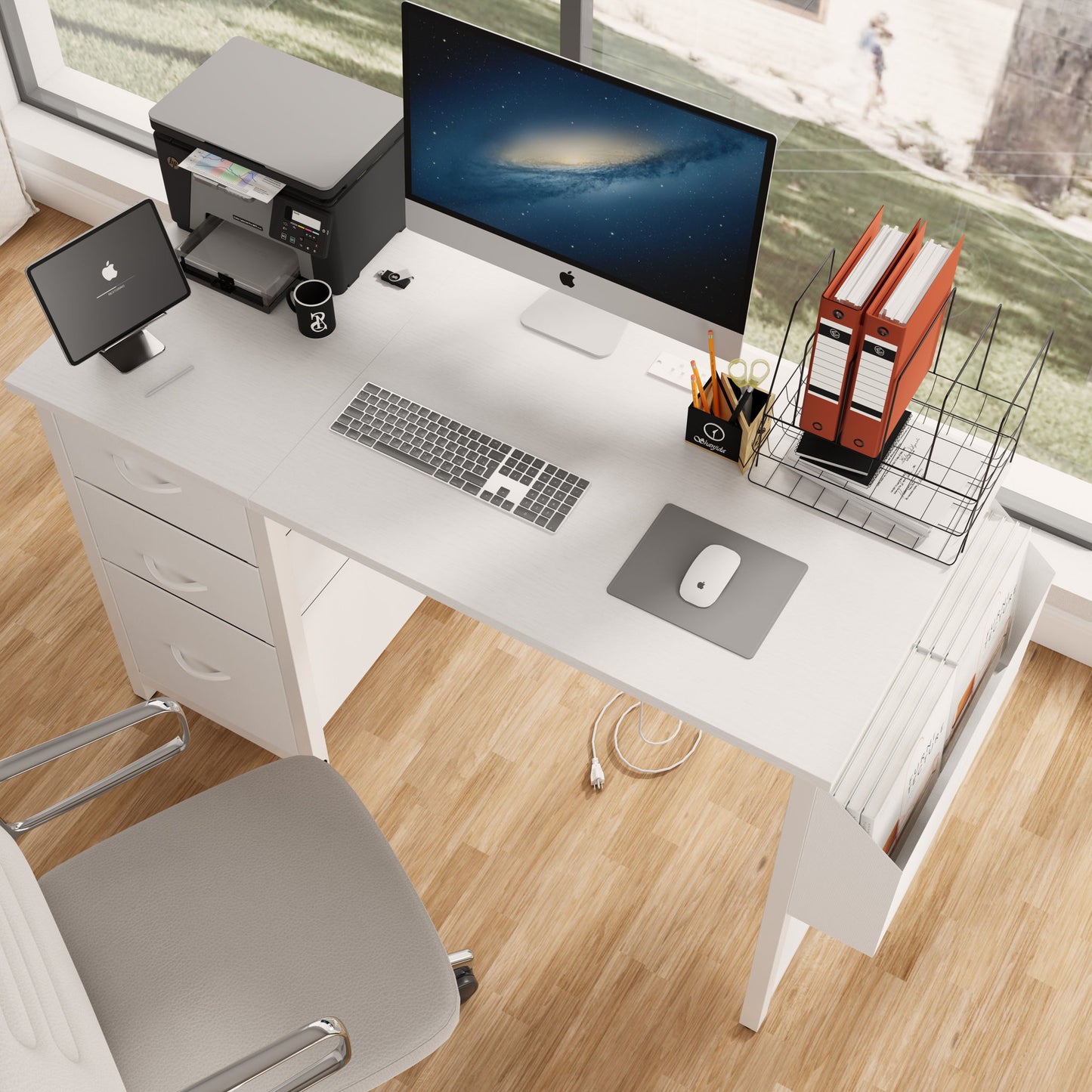 Office Desk With Power Outlet, 3 Drawers And Side Pocket For Office - White