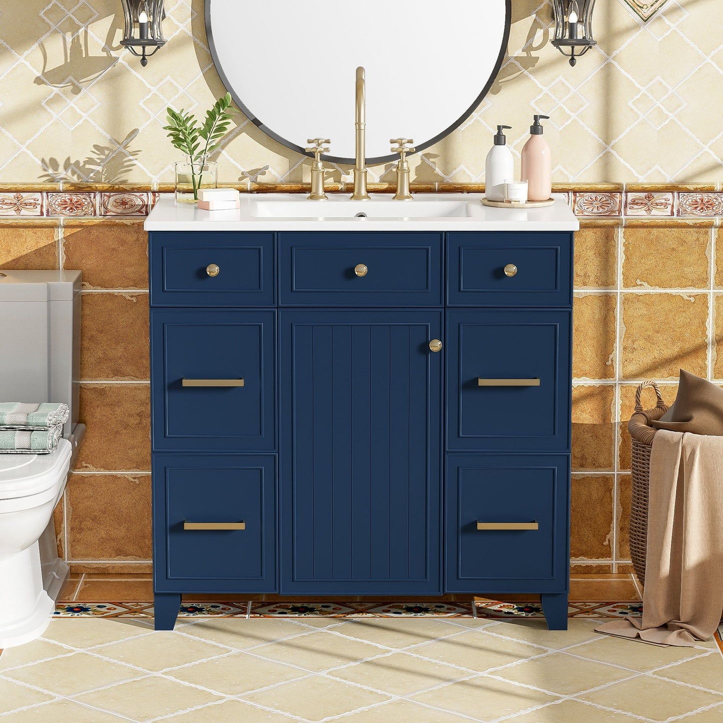 Bathroom Vanity With Ceramic Sink, Soft Close Doors, Adjustable Shelves