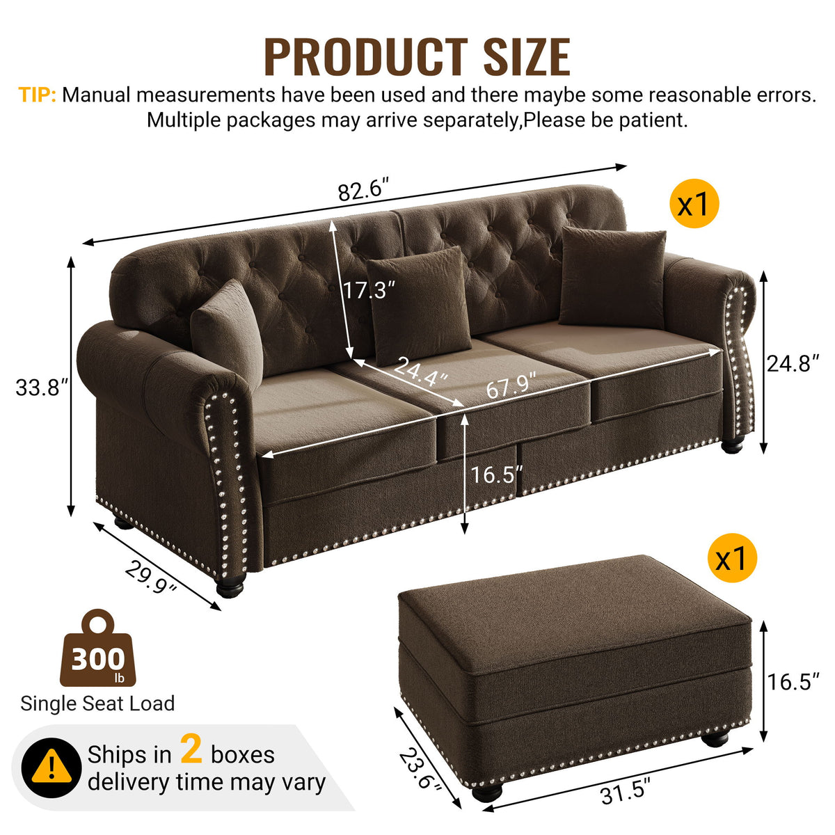 Upholstered Sofa With Nailhead Trim And Rolled Armrests, 3 Pillows - Brown