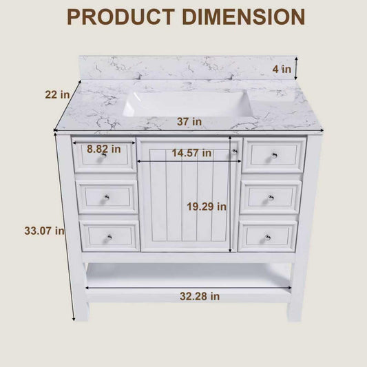 37" Bathroom Vanity, Multi Functional Cabinet With Doors And Drawers, Frame, Single Faucet Hole - White