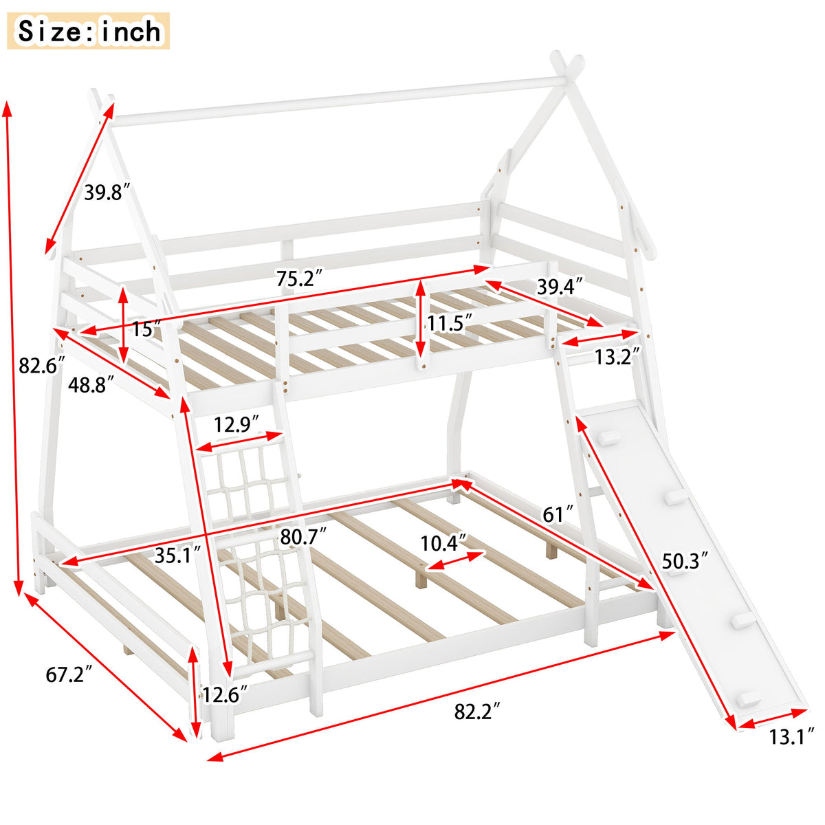 Twin Over Queen House Bunk Bed With Climbing Nets And Ramp - White