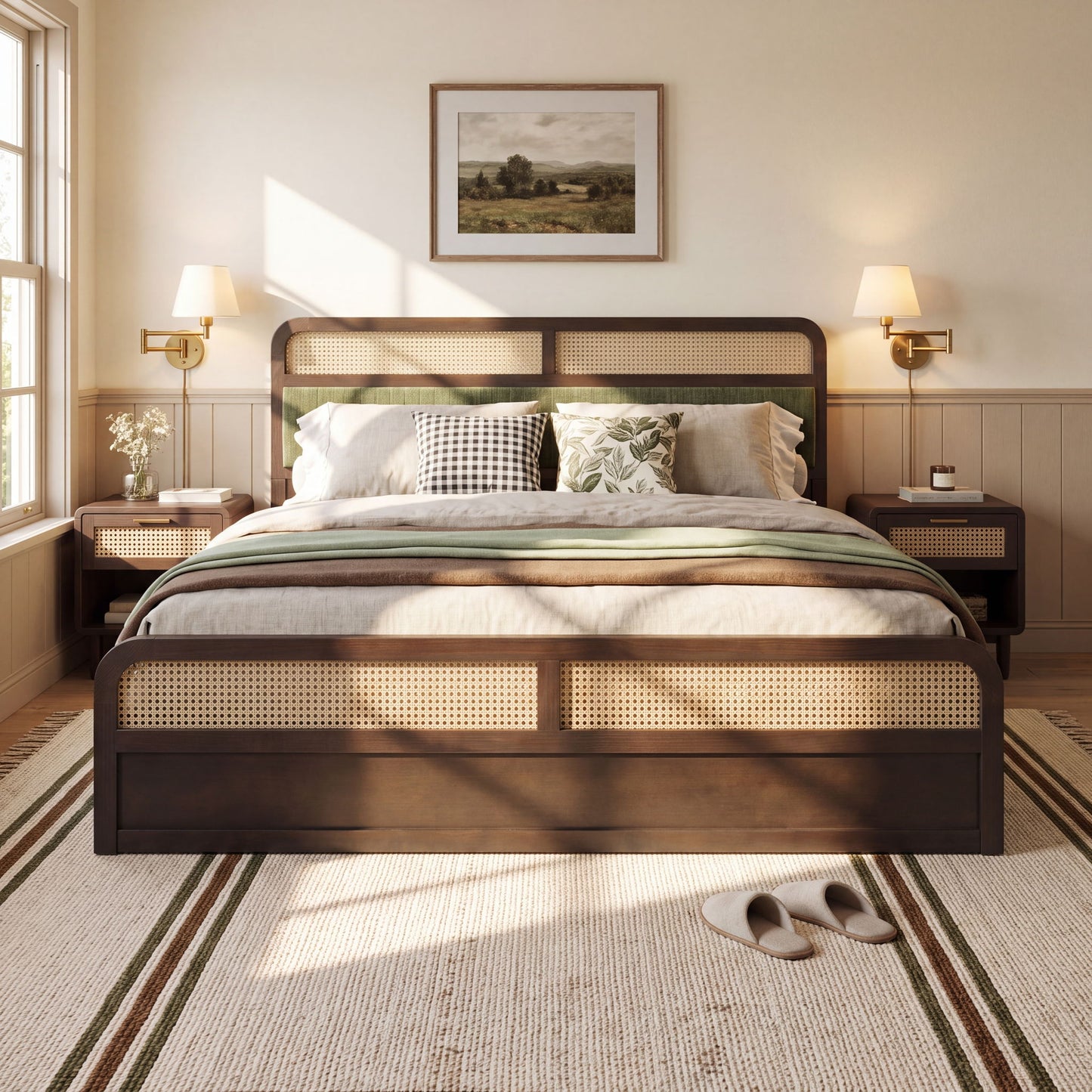 Platform Bed Frame With Rattan & Upholstered Headboard