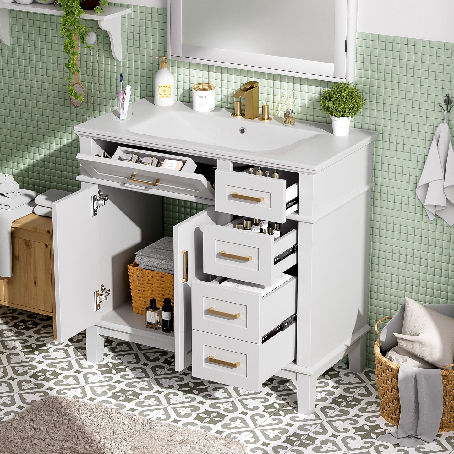 Modern Bathroom Vanity With Ceramic Sink, Soft Close Storage Cabinet