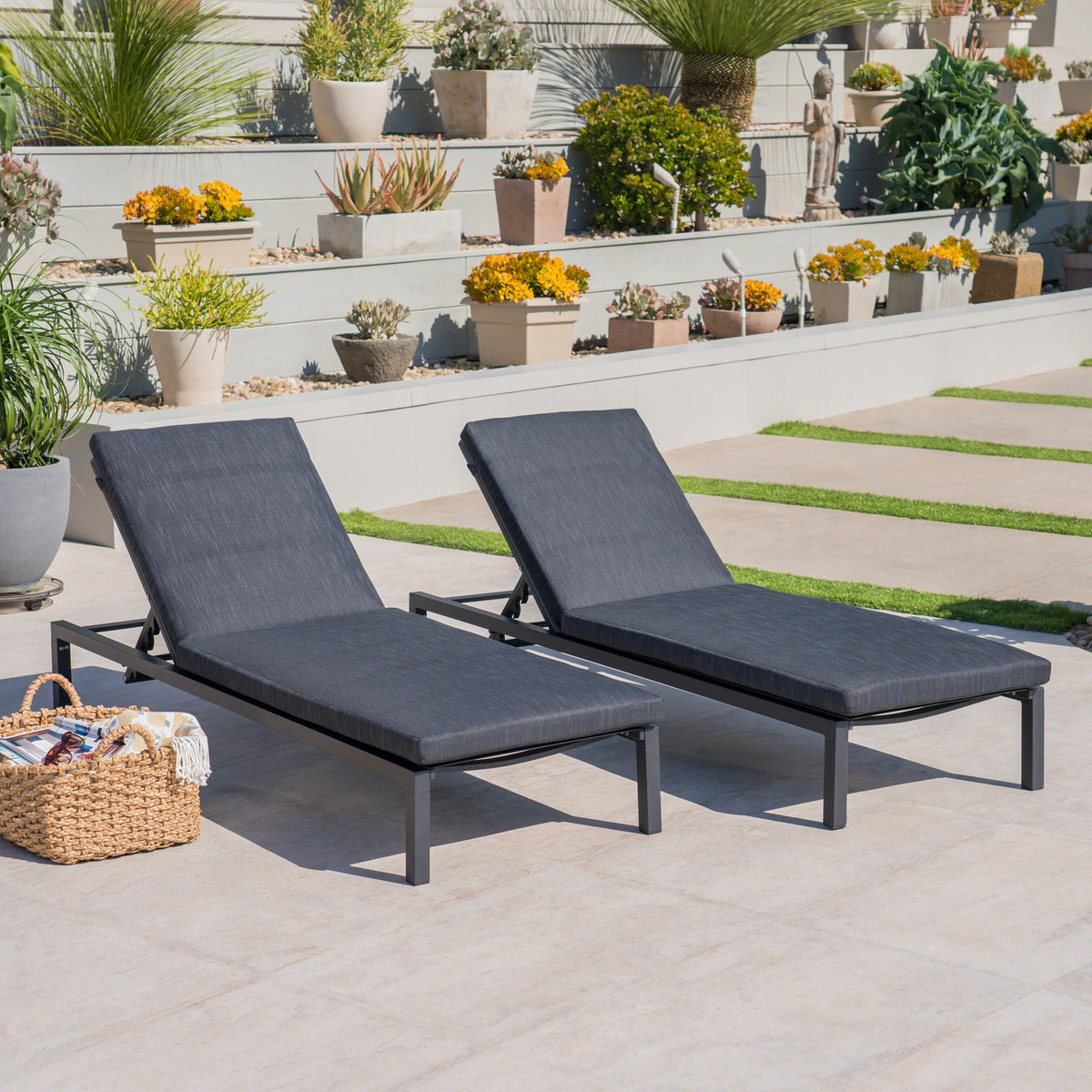Navan - Modern Chaise Lounge Set With Water Resistant Cushions - Dark Gray