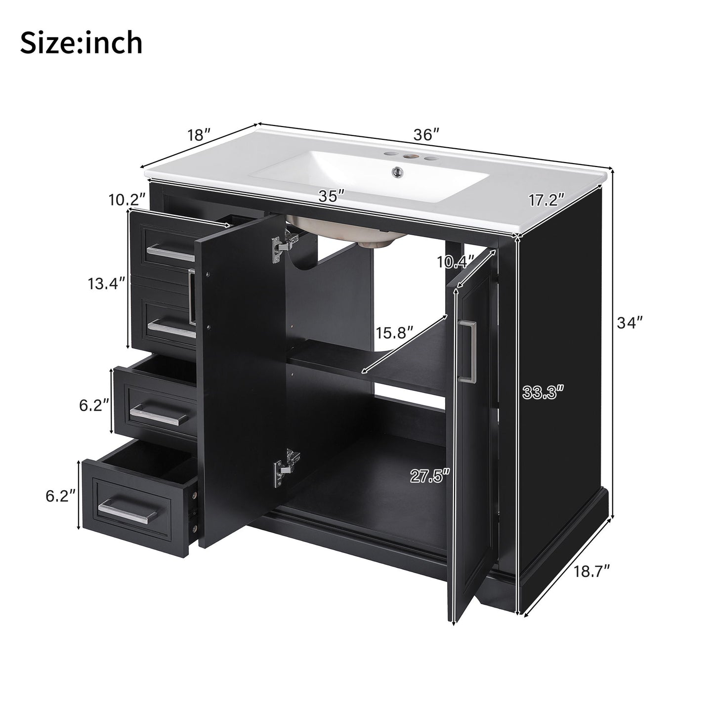 Bathroom Vanity With Sink, Soft Close Doors, Adjustable Shelf & 3 Drawers