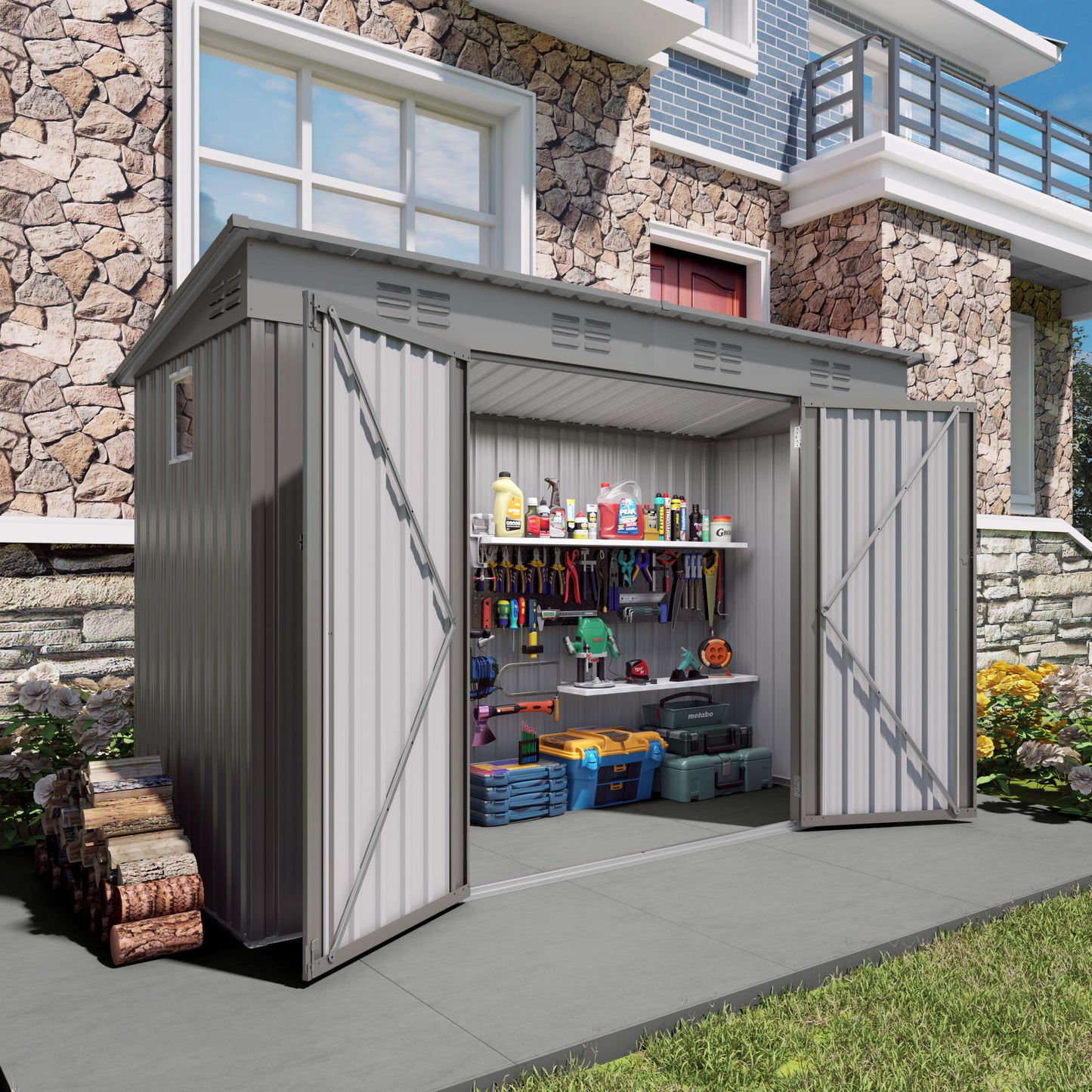 Outdoor Storage Shed 4 X 9 Ft With Sloping Roof And Vents For Garden And Patio - Gray