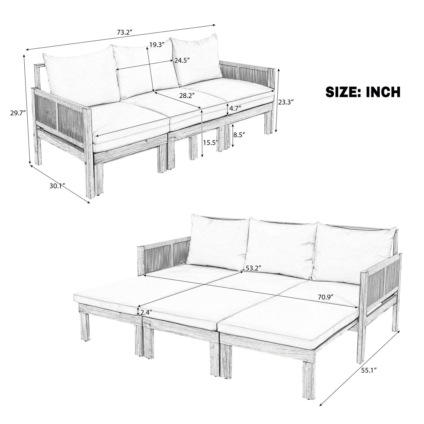 Outdoor Daybed, Patio Sofa Bed, 3 Seat Convertible Sunbed