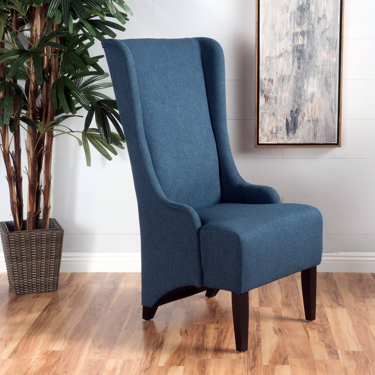 Contemporary Dining Chair With High Back And Birch Wood Legs - Navy Blue
