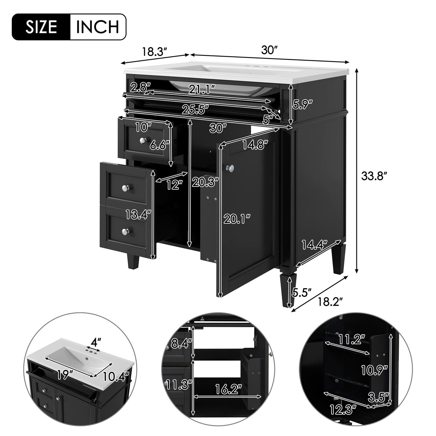 Bathroom Vanity With Top Sink, 3 Drawer Storage Cabinet, Rectangular Design - Black