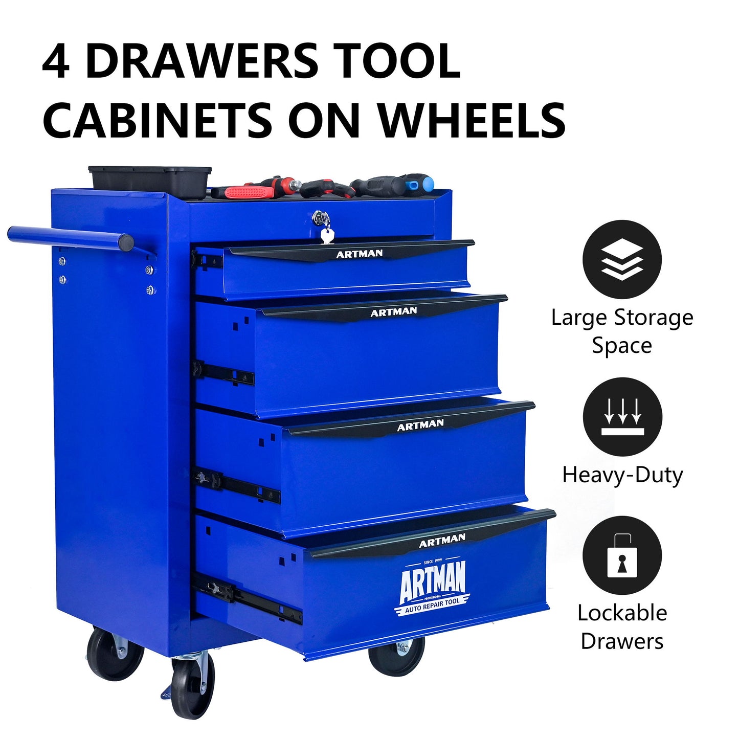 Rolling Metal Tool Chest With Drawers, Steel Storage Cabinet With Ball Bearing Slides