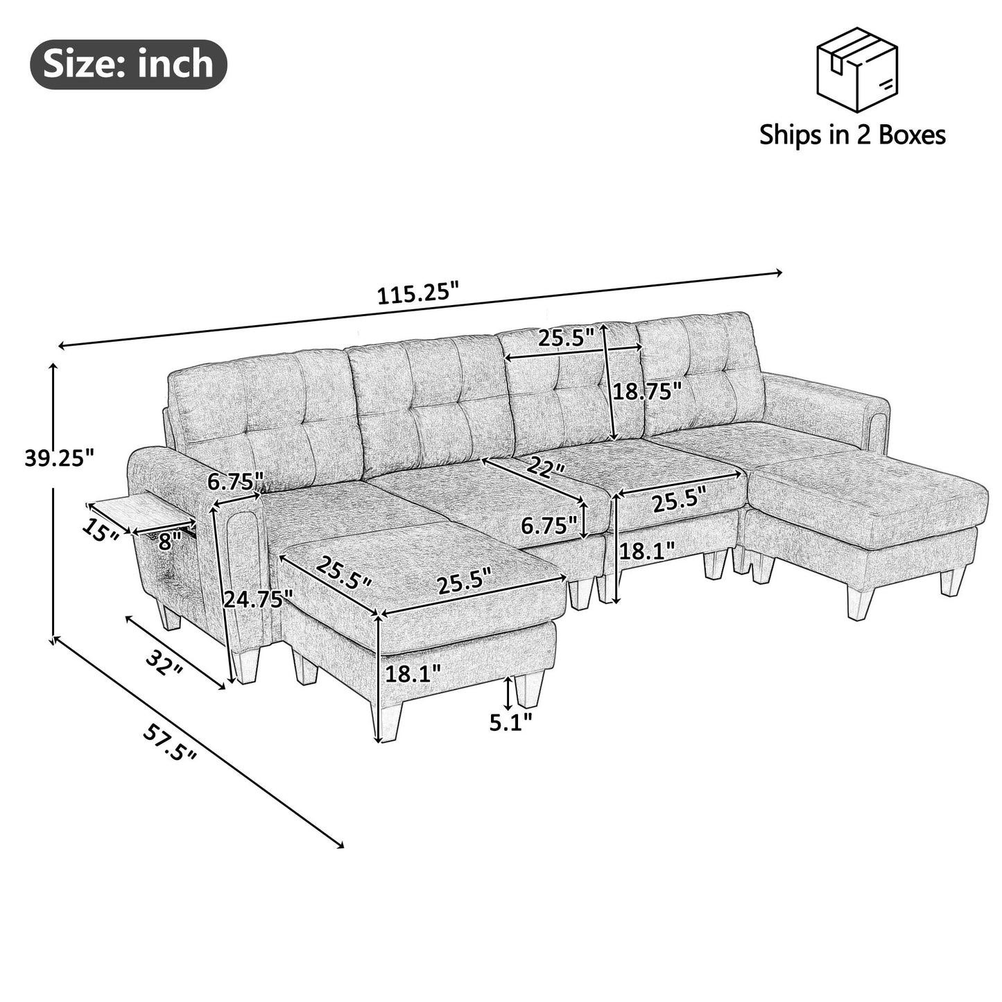 Modular Sectional Sofa With Movable Ottomans, USB Ports & Side Tables