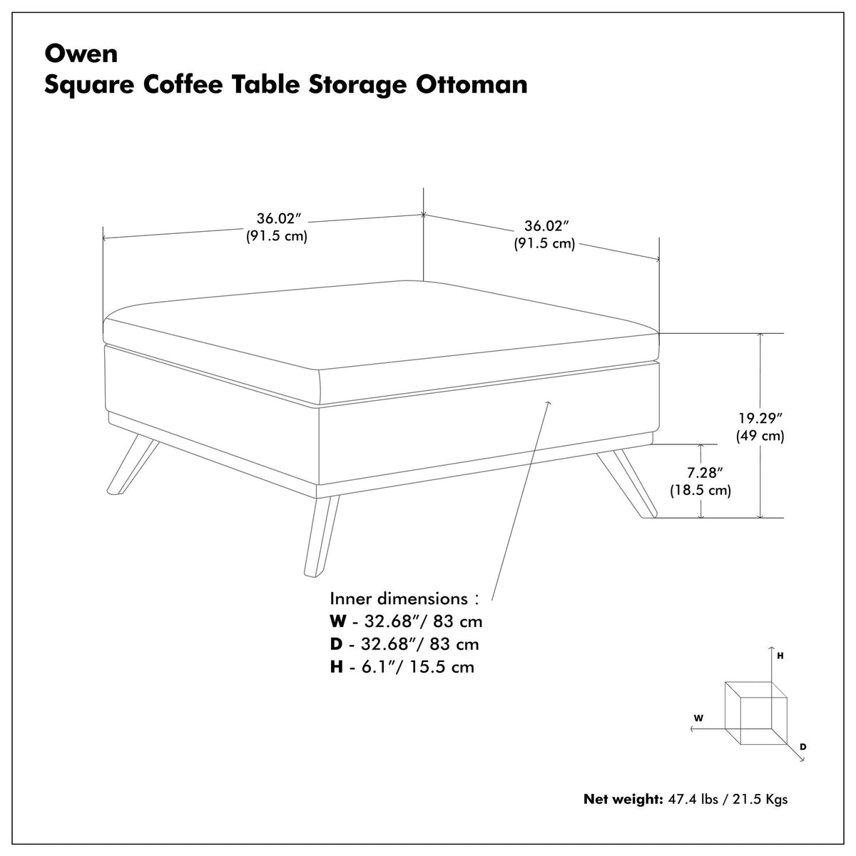 Owen - Square Coffee Table Storage Ottoman - Dark Gray